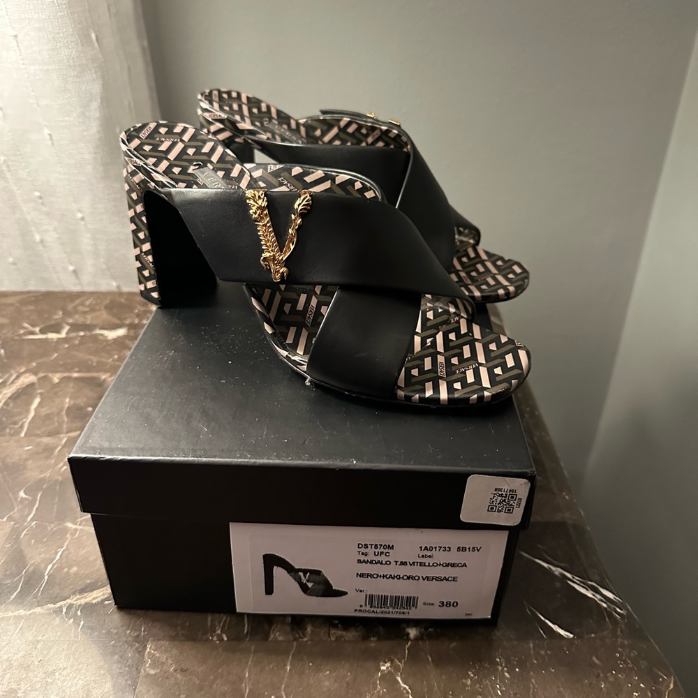 Versace Black and Gold Patterned Heels